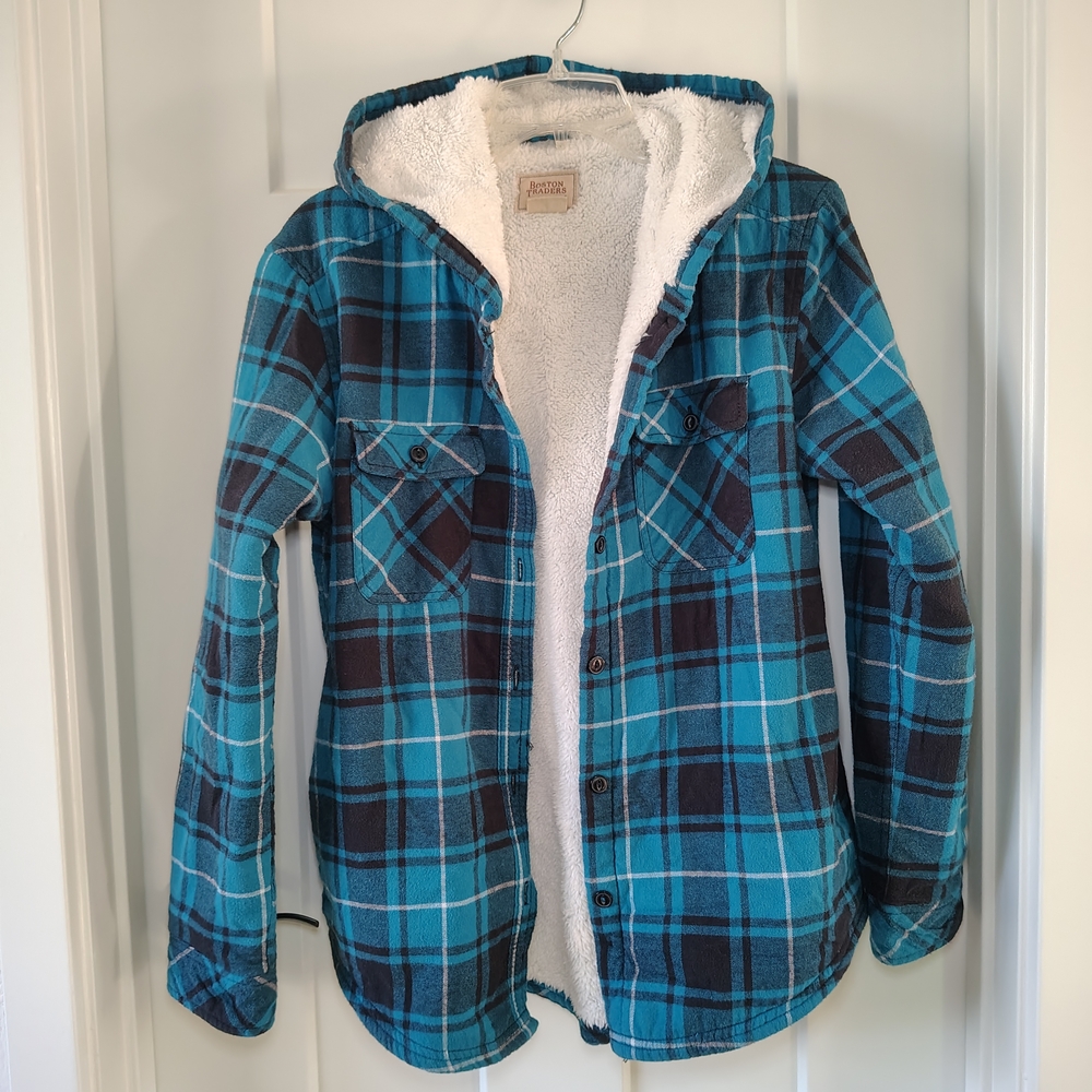 Boston Traders Teal and Black Plaid Sherpa-Lined Hooded Shirt Jacket
